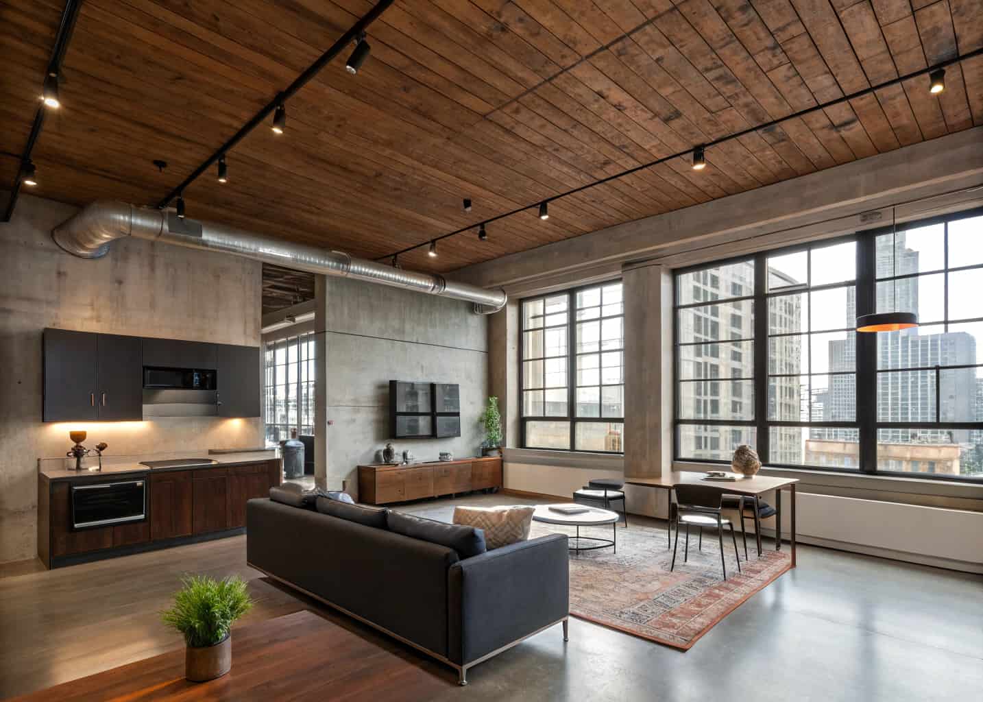 An industrial modern loft with a walnut-stained plywood ceiling, exposed concrete walls, sleek furniture, track lighting, large windows, urban contemporary interior design, professional photograph.