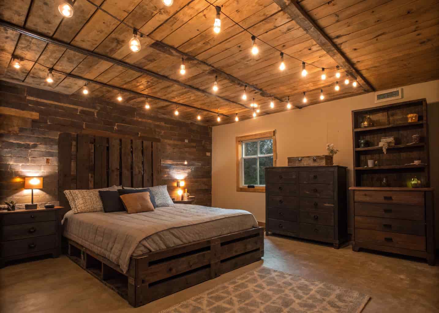 A rustic bedroom with a recycled pallet wood ceiling, Edison bulb string lights hanging down, dark wooden furniture, warm amber light, cozy and earthy atmosphere, interior design photo.