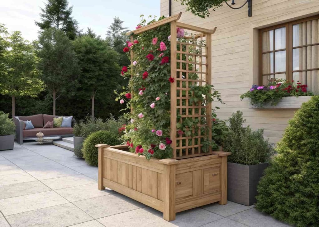 A classic wooden planter box with a lattice trellis, filled with colorful climbing flowers, placed on a sunny patio, natural wood finish, realistic garden setting.