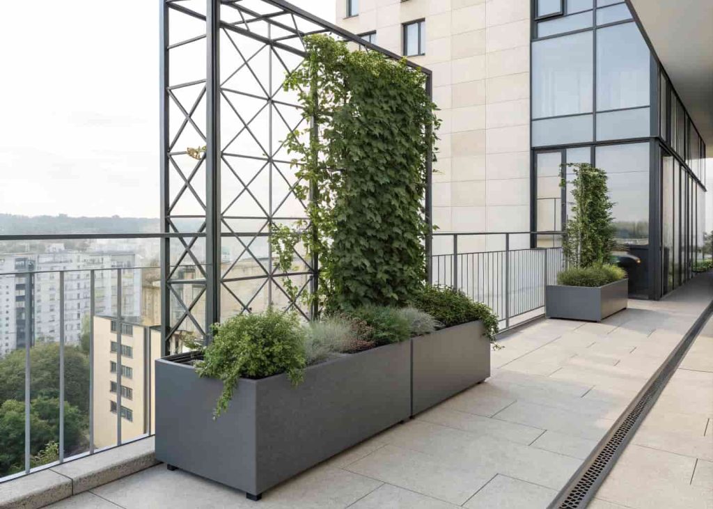 A modern minimalist planter box with a geometric metal trellis, climbing ivy plants, gray planter box, small urban balcony with clean lines, realistic lighting.