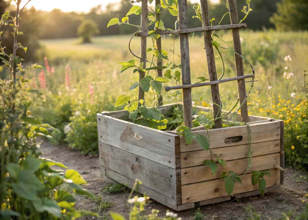 Rustic reclaimed wood planter box with a simple wooden trellis, climbing green beans, outdoors garden setting, natural textures, warm sunlight
