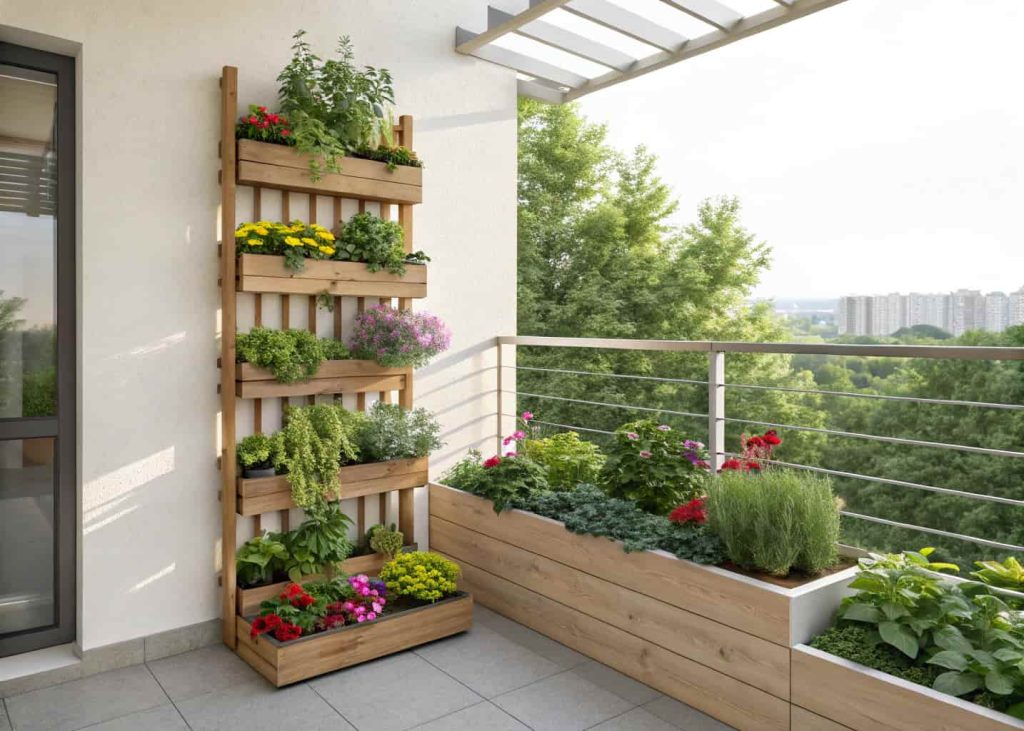 Tiered wooden planter boxes with vertical trellis, herbs and flowers growing, small balcony garden, bright and colorful, realistic outdoor scene.