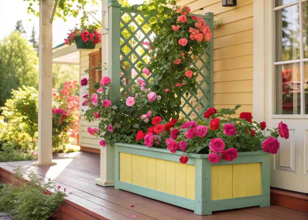 Vibrantly painted wooden planter box with decorative trellis, climbing roses, front porch garden, colorful cheerful setting, realistic sunlight.