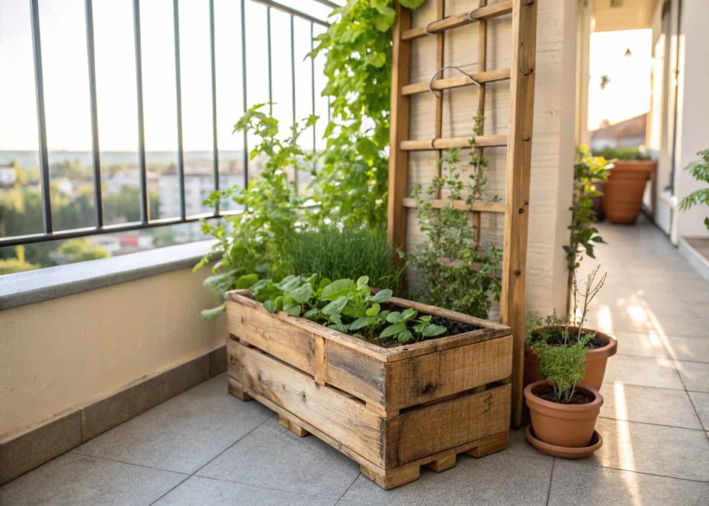Small wooden herb planter box with a tiny trellis, fresh green herbs growing, sunny balcony setting, realistic kitchen garden style.