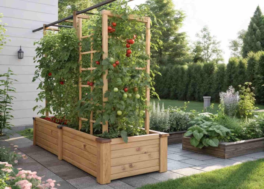 Raised wooden vegetable planter box with trellis, climbing tomatoes, backyard garden, lush green setting, realistic sunlight.