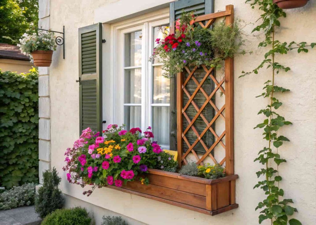 Window box planter with mini wooden trellis, colorful flowers climbing, attached under a window, charming exterior home view, realistic lighting.
