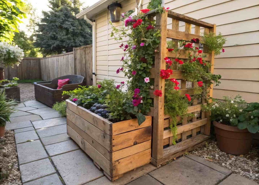 Upcycled pallet planter box with angled trellis, cascading flowers and vines, small patio garden, rustic outdoor setting, realistic sunlight.