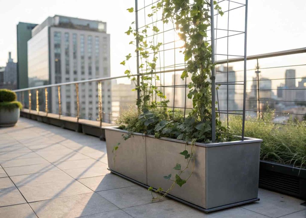 Contemporary metal planter box with wire trellis, climbing ivy, modern urban rooftop garden, sleek minimalistic design, realistic sunlight.
