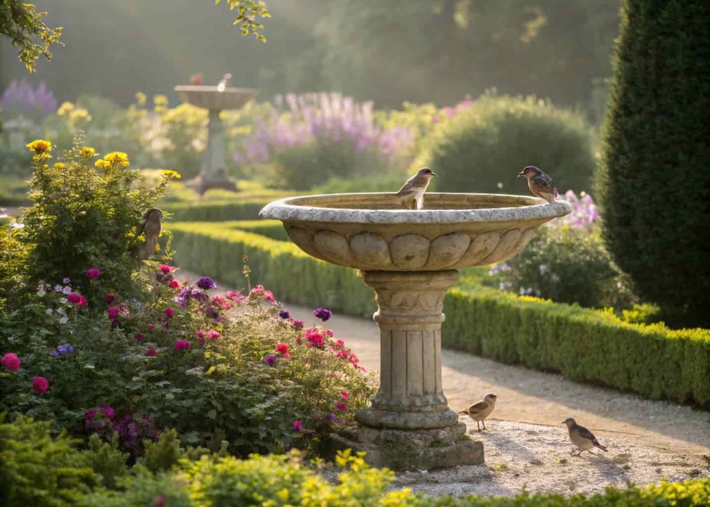 A classic stone bird bath in a lush garden surrounded by colorful flowers and green shrubs, sunlight casting soft shadows, small birds perched around, tranquil and inviting atmosphere.