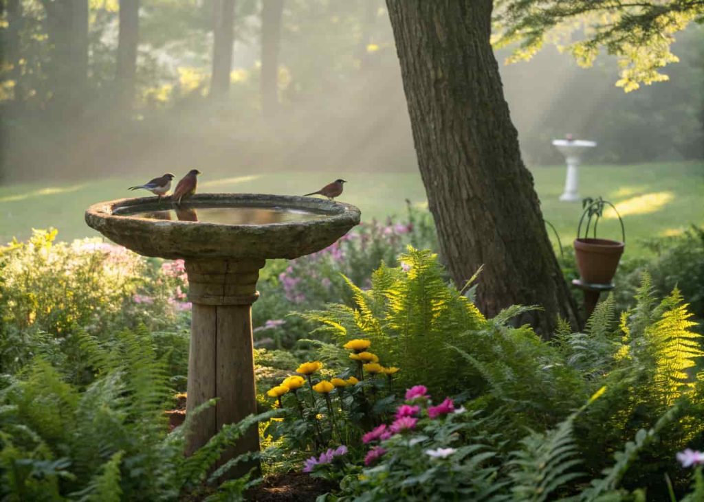 A rustic wooden bird bath in a shaded garden area, surrounded by ferns and wildflowers, gentle sunlight filtering through trees, small birds splashing and perching on the edges, natural earthy vibe.