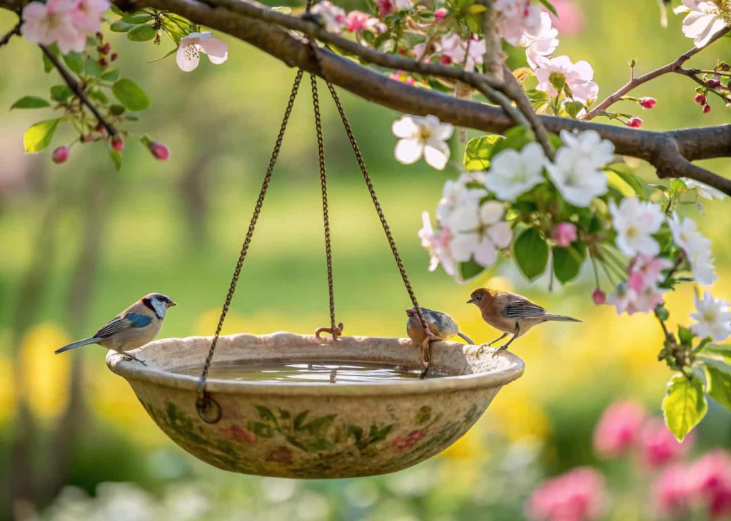 A hanging ceramic bird bath suspended from a leafy tree branch, gentle breeze causing slight movement, surrounded by blooming flowers, small birds perched and drinking water, bright and cheerful garden scene.