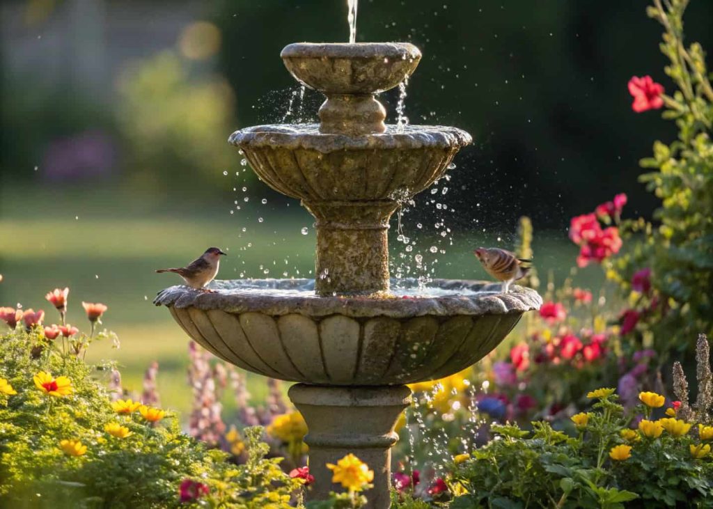 A tiered stone fountain bird bath in a garden, water cascading gently from top to bottom, surrounded by flowering plants, small birds splashing and drinking, sunlight glinting on water droplets.