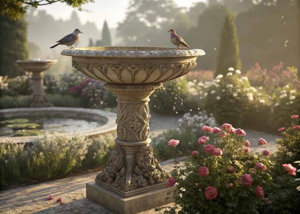 An ornate vintage pedestal bird bath in a flower-filled garden, carved details visible, sunlight highlighting textures, birds perched and bathing, elegant and timeless garden scene.