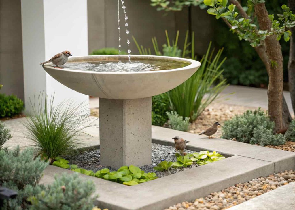 A modern concrete bowl bird bath on a low pedestal in a minimalist garden, surrounded by green plants and gravel, birds drinking and splashing, clean and simple design.