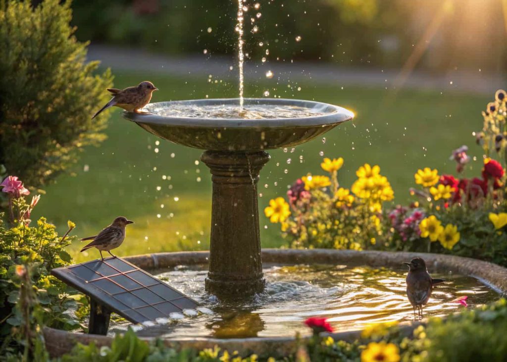 A solar-powered bird bath fountain in a sunny garden, water bubbling, surrounded by flowers and greenery, small birds splashing, sunlight creating sparkles on the water surface.