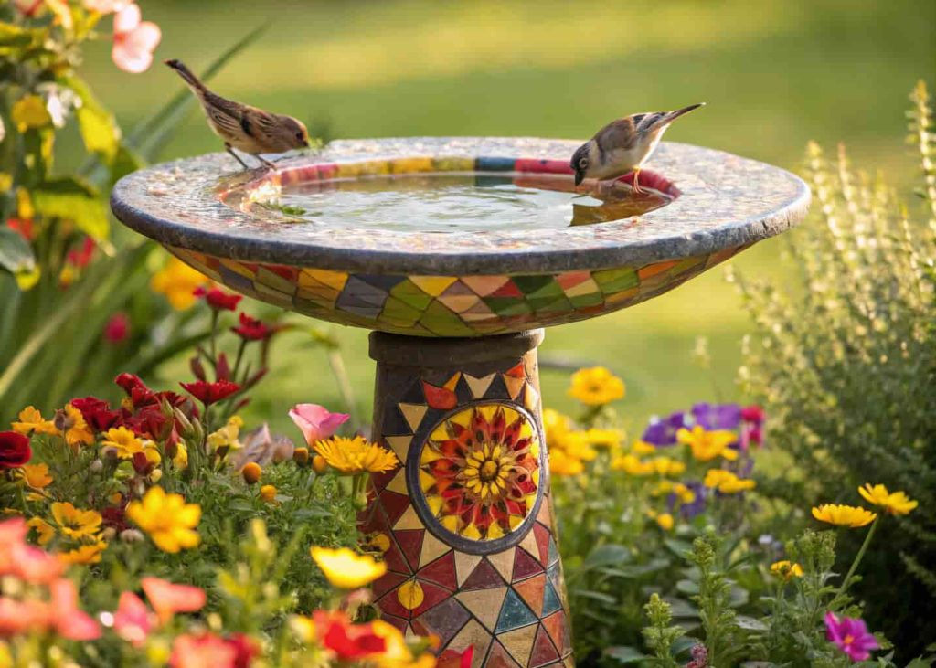 A colorful mosaic tile bird bath in a garden, vibrant patterns glistening in the sun, surrounded by flowers, birds bathing and drinking, artistic and cheerful vibe.