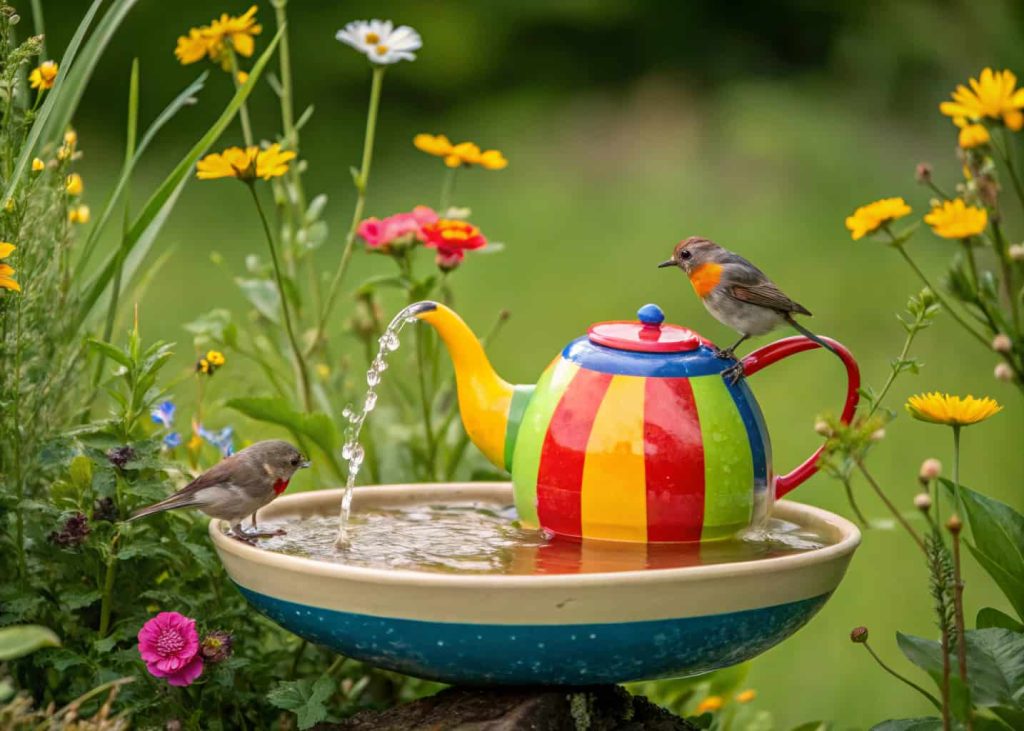 A creative upcycled bird bath made from a colorful teapot in a garden, surrounded by flowers and greenery, small birds drinking water, playful and unique garden scene.