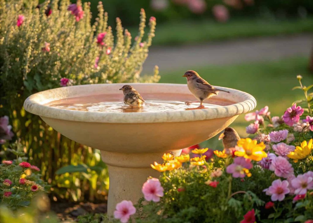 A pastel-colored ceramic bowl bird bath in a garden, surrounded by flowers, small birds bathing, sunlight reflecting off smooth surface, peaceful and colorful scene.