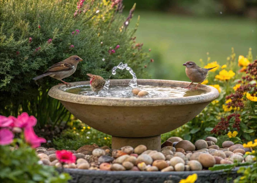 A wildlife-friendly bird bath surrounded by shrubs and flowers, pebbles in shallow water, small birds splashing and perched safely, natural and lively garden atmosphere.
