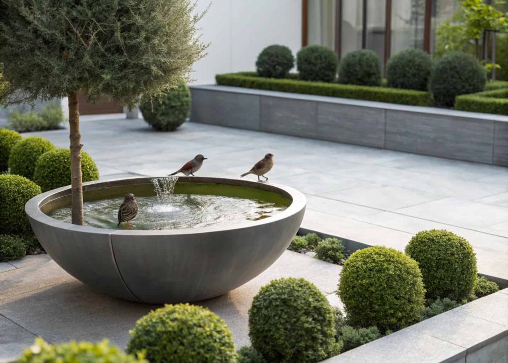 A sleek minimalist metal bird bath in a modern garden, surrounded by small shrubs, birds perched and bathing, clean and contemporary aesthetic.