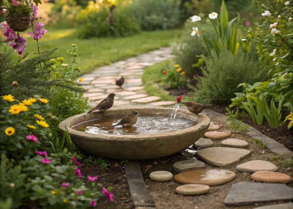A DIY concrete stepping stone bird bath in a garden path, shallow water filled, surrounded by plants and flowers, birds splashing in water, charming handmade garden scene.