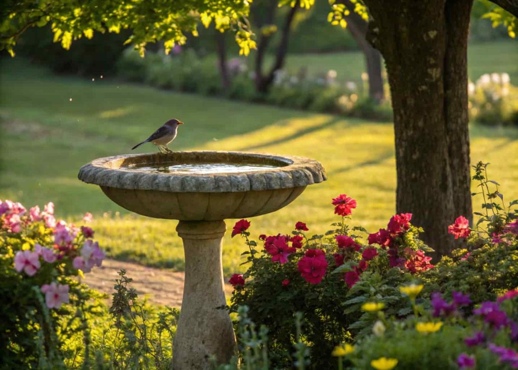 A round stone bird bath in a garden surrounded by colorful flowers, sunlight filtering through trees, with a small bird perched on the edge.