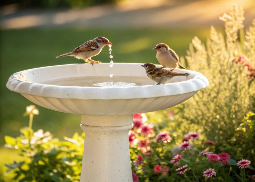 A white ceramic bird bath on a tall pedestal in a sunny garden with small birds drinking from it.