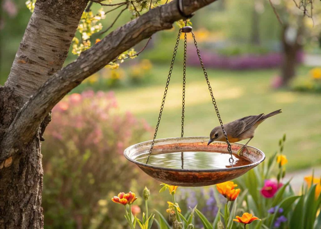 A hanging bird bath made of glass, suspended from a tree branch, with a colorful garden in the background and a bird drinking.