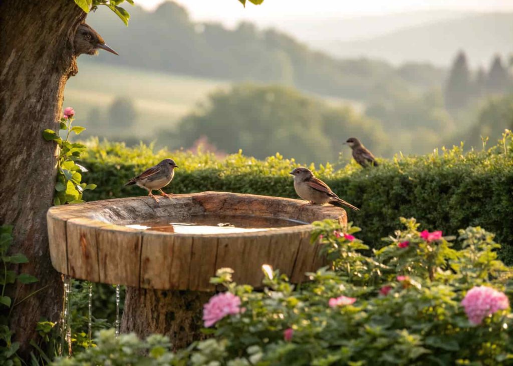 A rustic wooden bird bath carved from a log, surrounded by green shrubs and blooming flowers with birds perched around it.