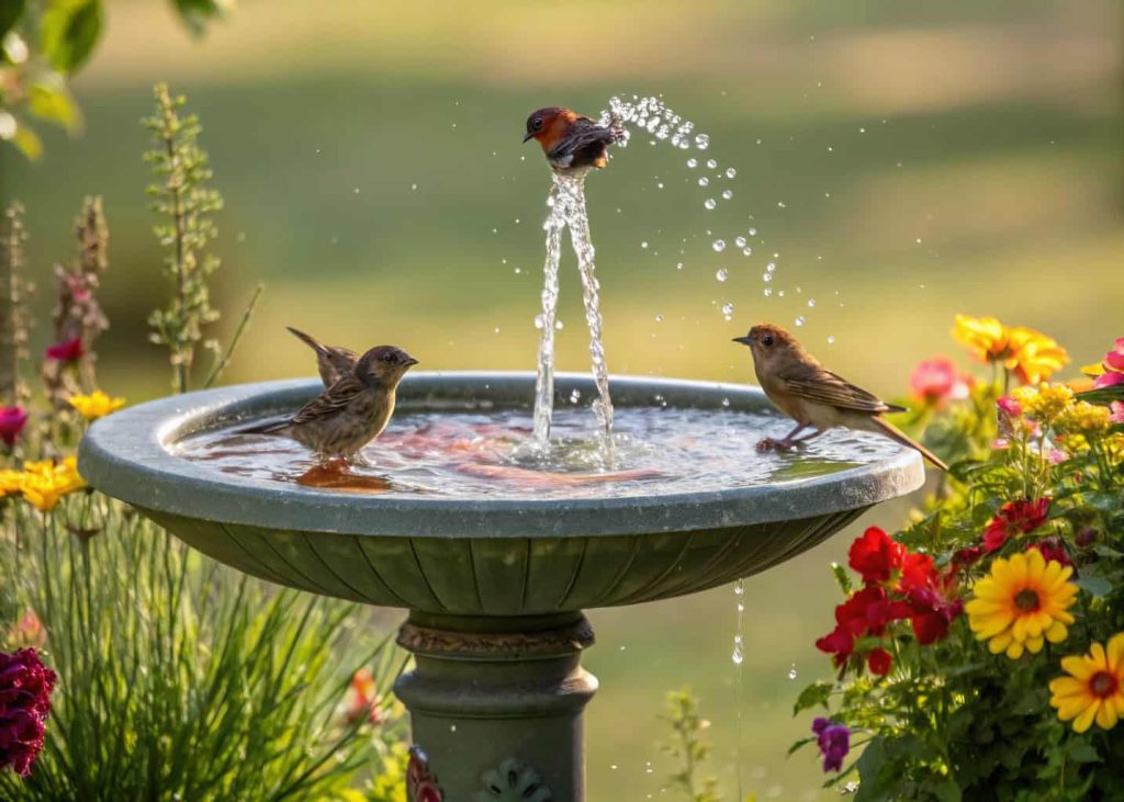 A solar-powered fountain bird bath with water bubbling gently, surrounded by flowers and small birds splashing.