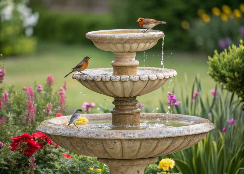 A three-tiered stone bird bath with clear water, birds perched on each level, surrounded by lush garden flowers.