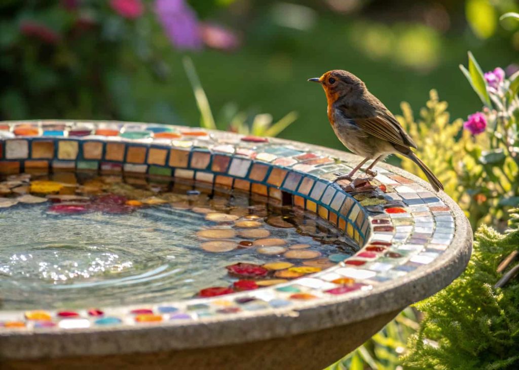 A mosaic bird bath with colorful tiles, clear water reflecting sunlight, and a bird sipping from the edge.