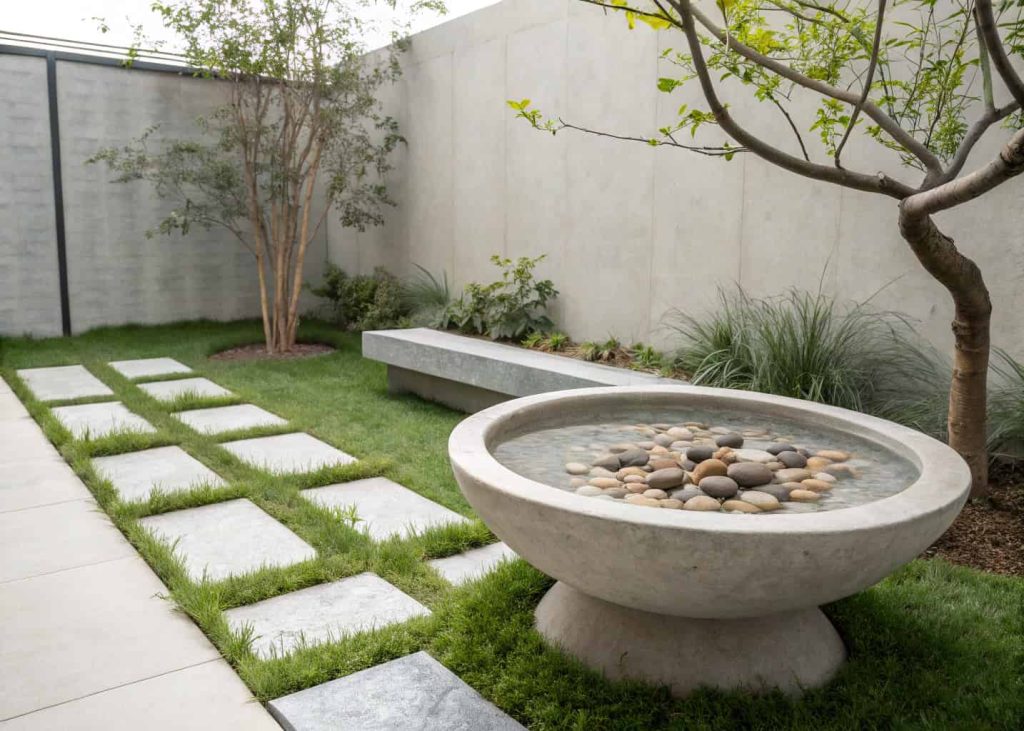 A modern concrete bird bath with smooth surfaces, small decorative stones inside, in a minimalist garden setting.