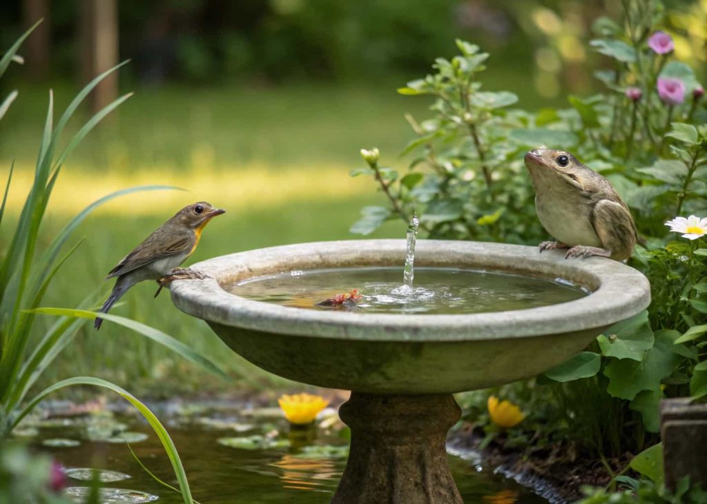 A frog-shaped bird bath in a backyard garden, with water in the basin and a small bird drinking.