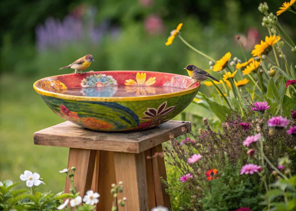 A colorful recycled bowl bird bath on a small wooden stand in a flower-filled garden with birds around.