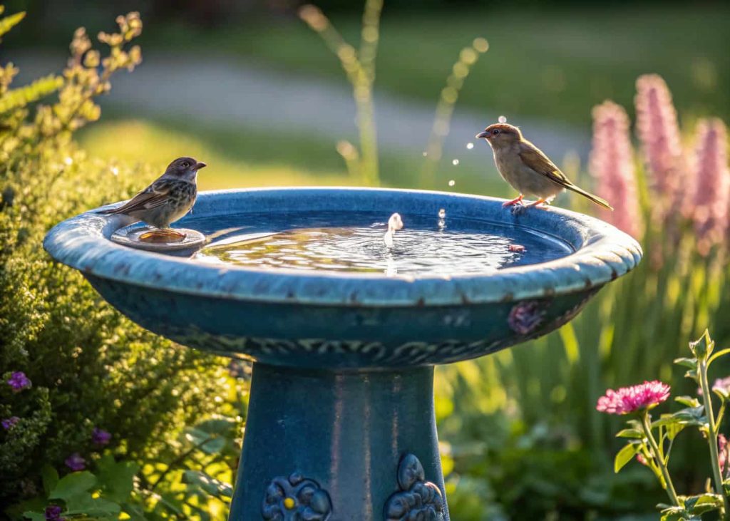 A blue glazed ceramic bird bath in a sunny garden, water sparkling, with small birds perched on the edge.