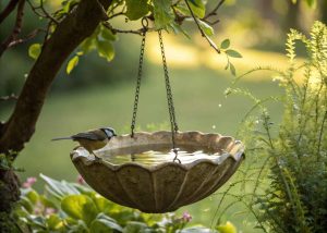 A hanging shell-shaped bird bath with water, surrounded by greenery, and a small bird drinking.