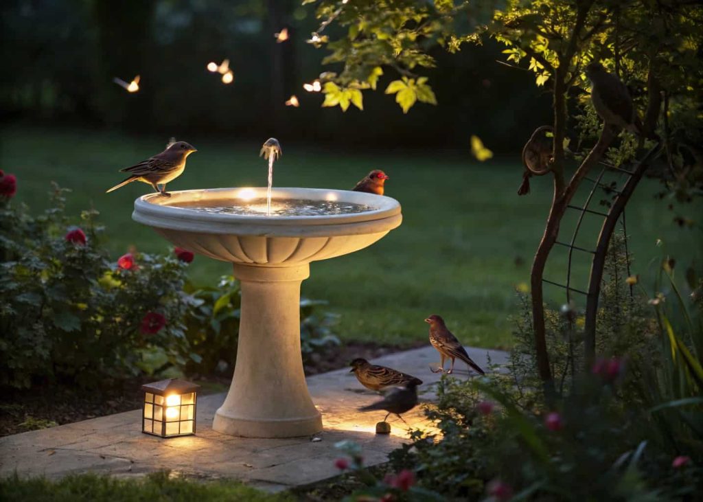 A solar LED bird bath glowing softly at dusk with birds in the surrounding garden.