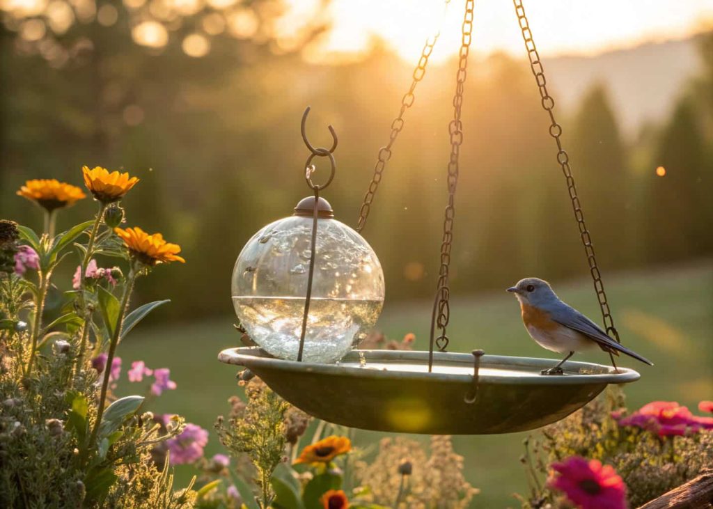 A hanging glass globe bird bath catching sunlight, surrounded by flowers, with a small bird perched on the edge.