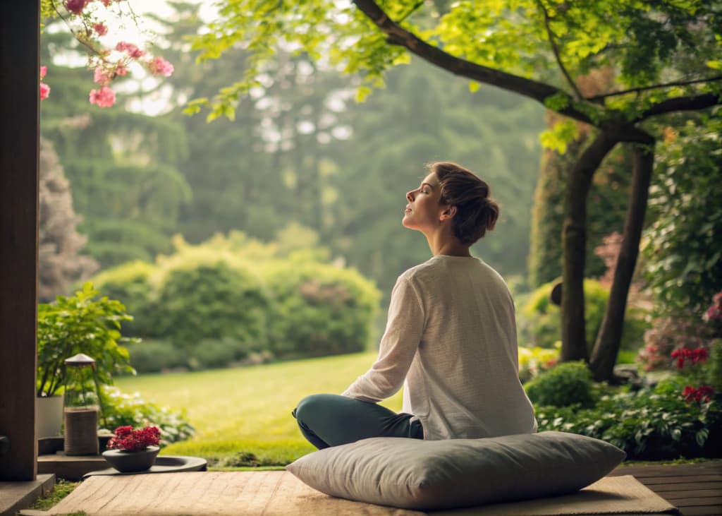 A person sitting peacefully, eyes closed, visualizing a beautiful, cozy home surrounded by greenery.