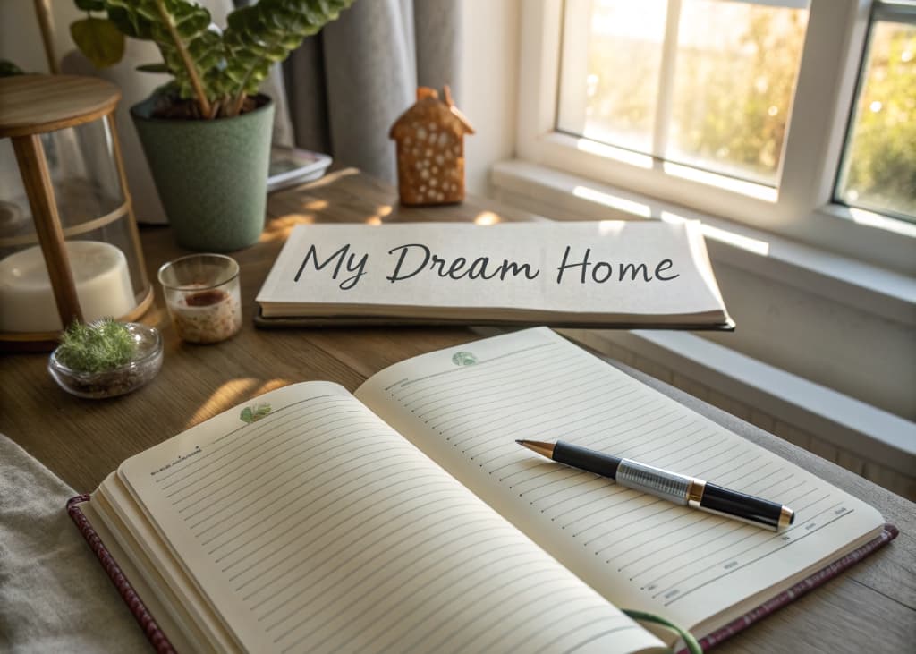 A journal open on a desk with the heading “My Dream Home” and a list written in neat handwriting, surrounded by a calm, sunlit room.
