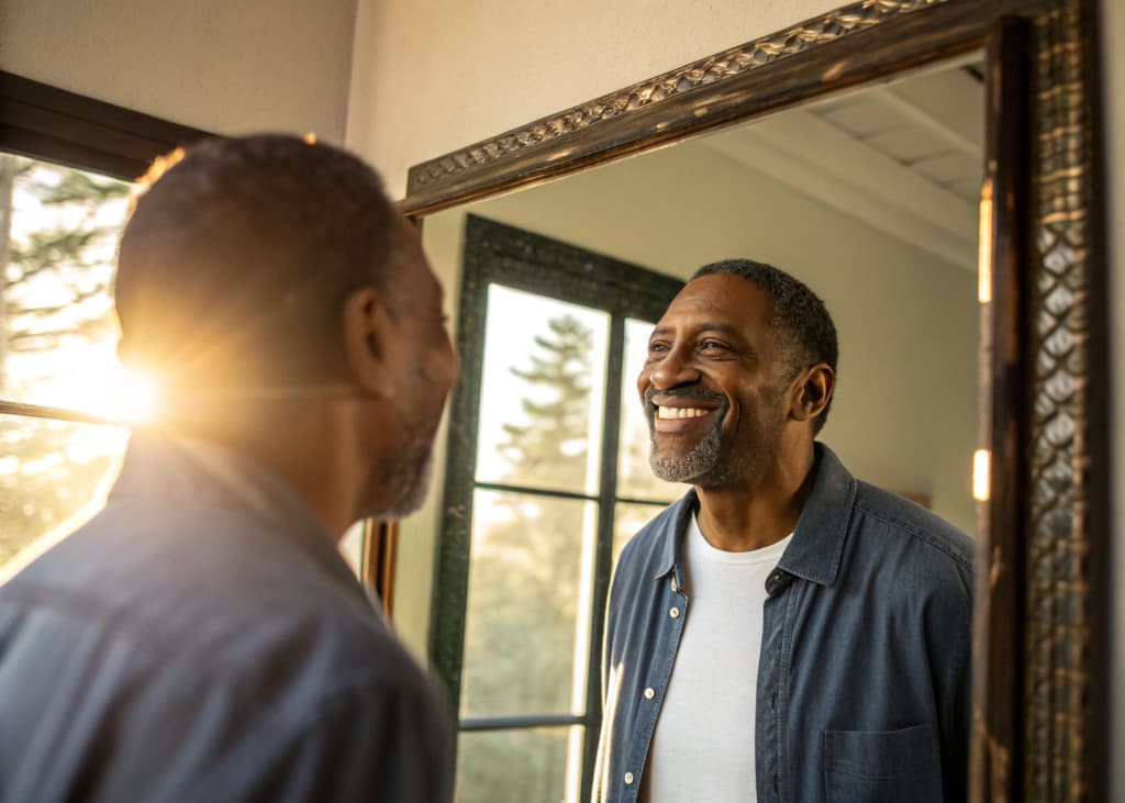 A person smiling in front of a mirror, speaking affirmations with sunlight streaming through a window.