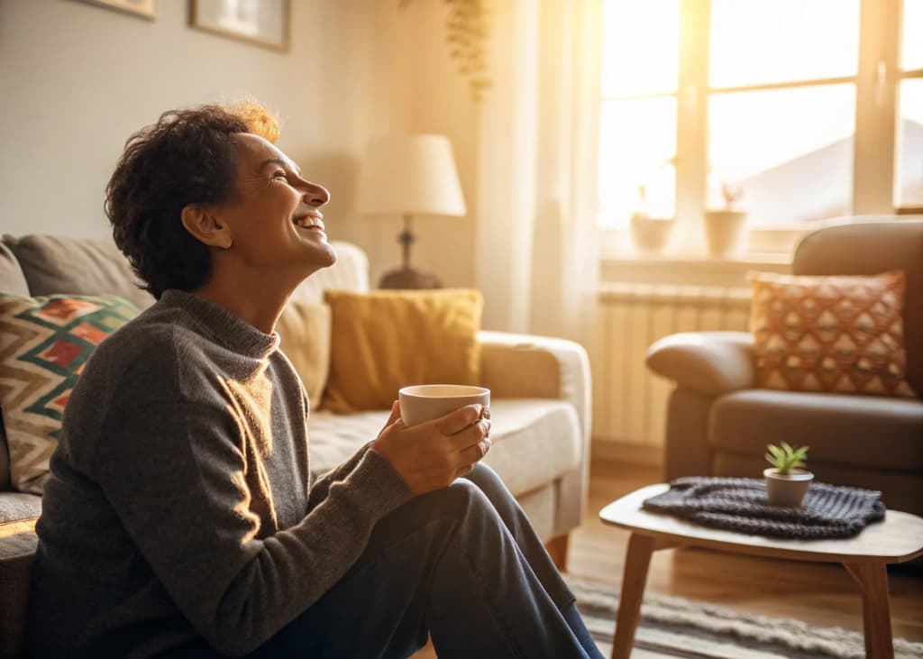 A person sitting in a cozy, sunlit living room, smiling with a cup of coffee, feeling content and happy.