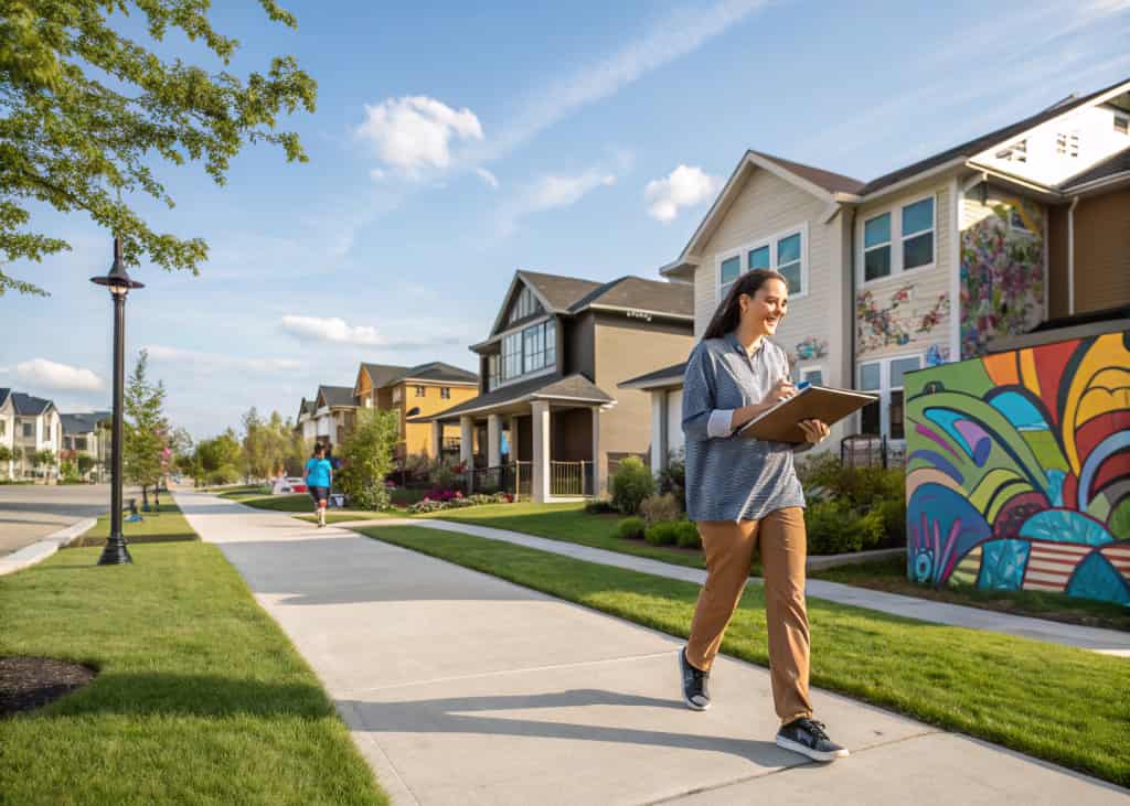 A person walking through a bright, modern neighborhood, taking notes and smiling, ready to explore homes.