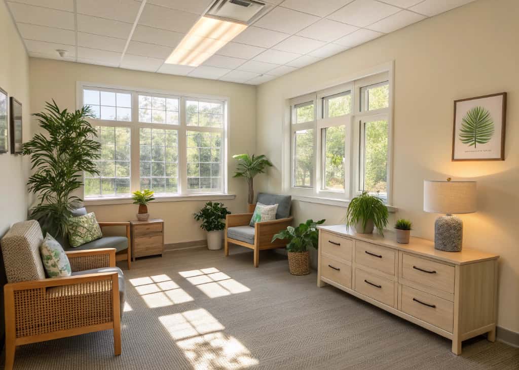 A bright, organized room with neatly arranged furniture, sunlight pouring in, and a few decorative plants, creating a calm atmosphere