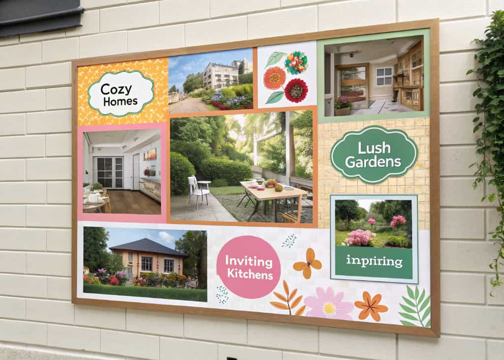 A colorful vision board on a wall, filled with pictures of cozy homes, gardens, kitchens, and affirmations.
