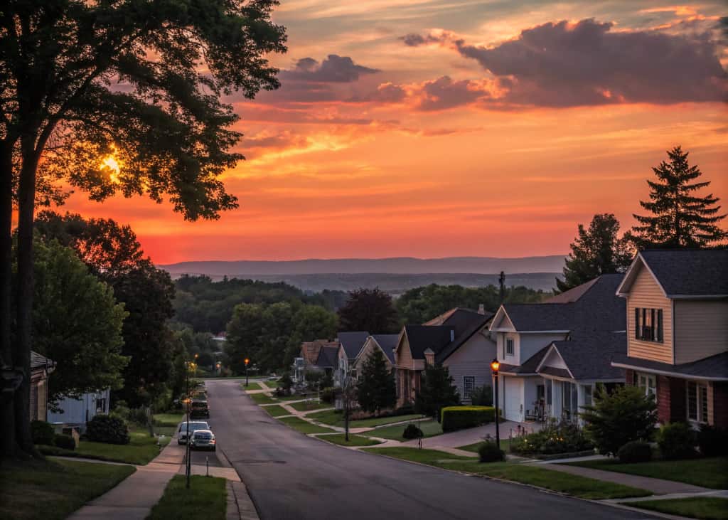 A calm sunset view over a neighborhood with houses, symbolizing patience and trust in timing