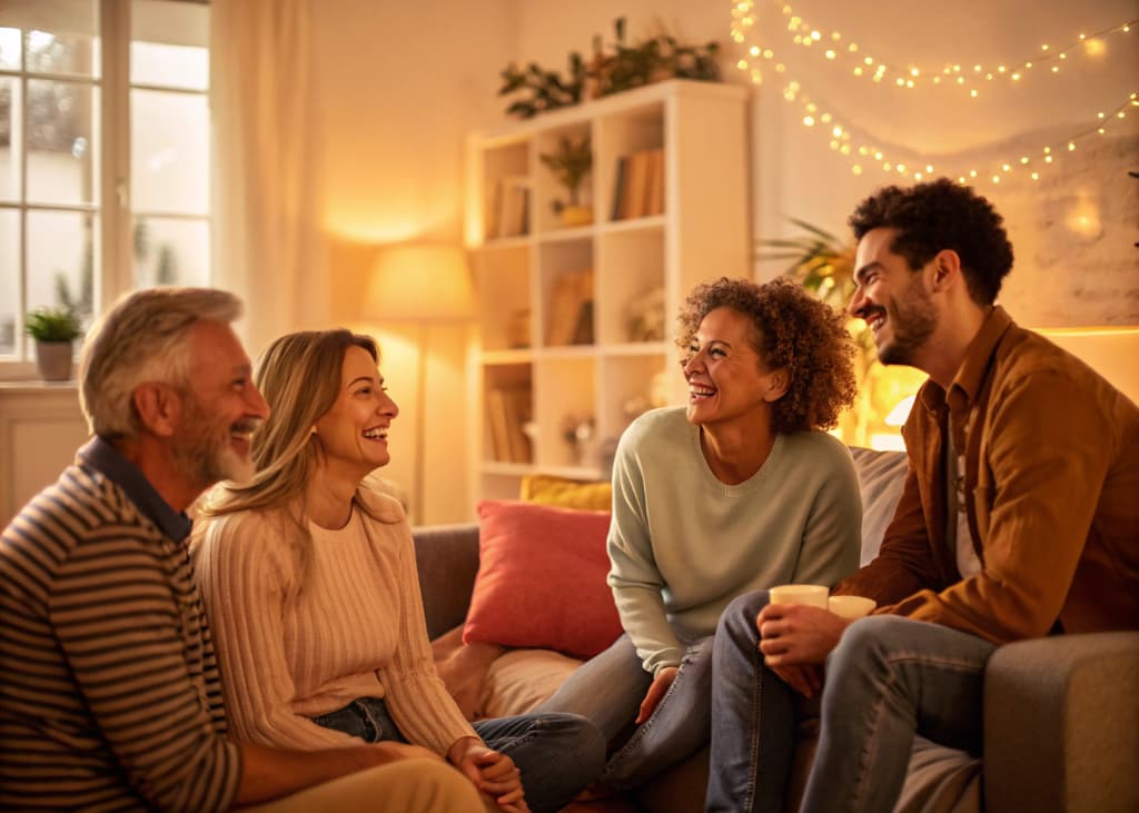 A group of friends or family smiling, chatting in a cozy living room filled with warm light, representing positive energy.