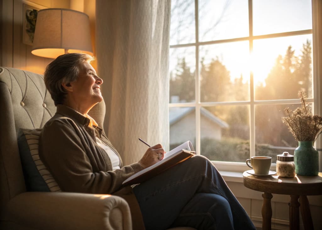 A person sitting by a window with a journal, writing a gratitude list, smiling peacefully as sunlight fills the room.