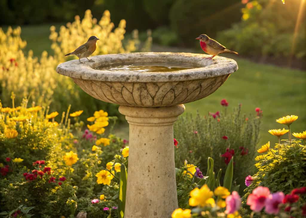 “Classic pedestal bird bath in a sunny garden with flowers around, stone texture, birds perched